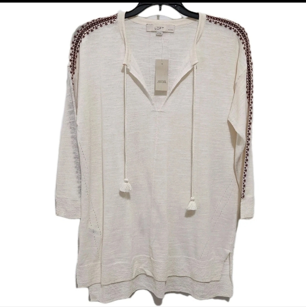 Loft Petite Women's XSP Ivory Embroidered Tassled 3/4 Sleeve Tunic Sweater
